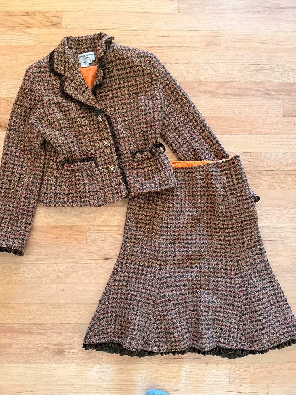 Chanel-style Tweed Cropped Jacket & Skirt Set - Brown Multi